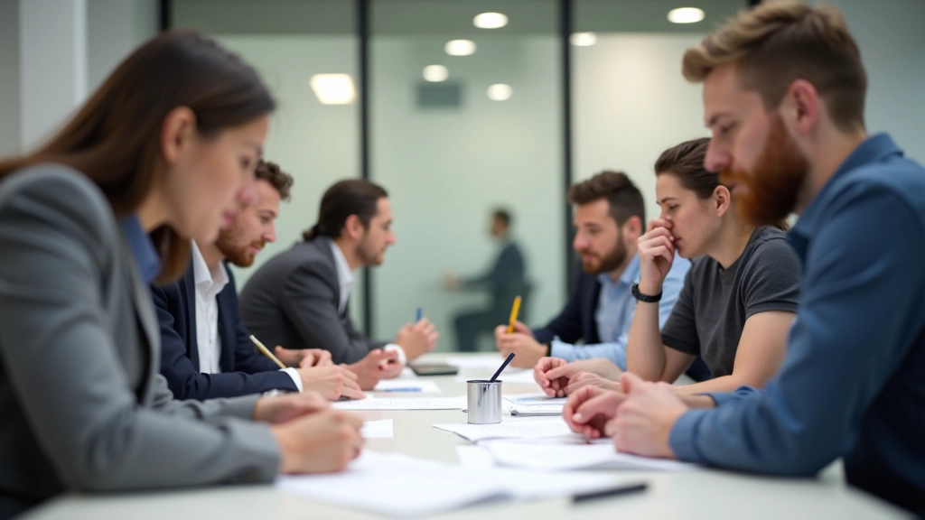Tafel met zes personen, elk met papier, brainstorming in volle gang, actieve sfeer