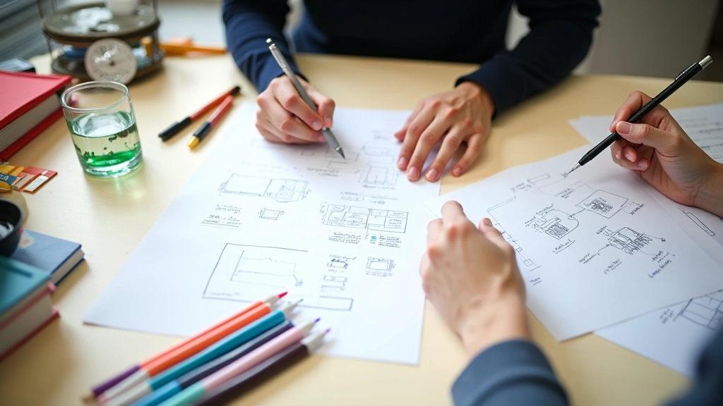 Handen schrijven ideeën op papier tijdens brainwriting sessie, kleurrijke pen, creatieve werkplek