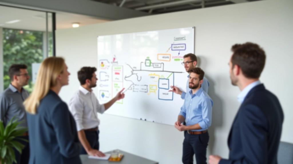 Design thinking workshop, persoon tekent user journey op whiteboard met stakeholders erbij