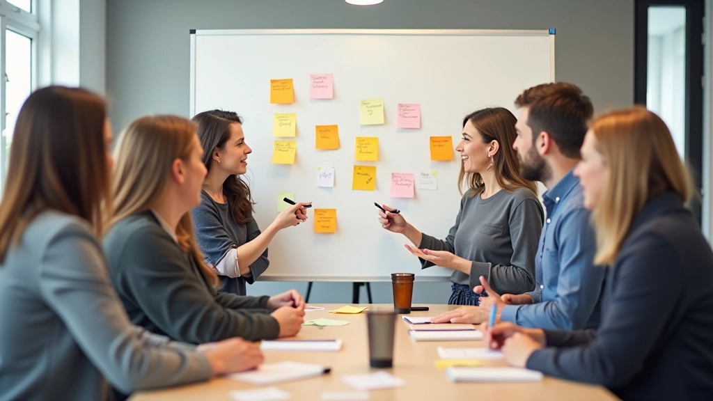 Team in creatieve workshop sessie, mensen brainstormen rond whiteboard met kleurrijke sticky notes