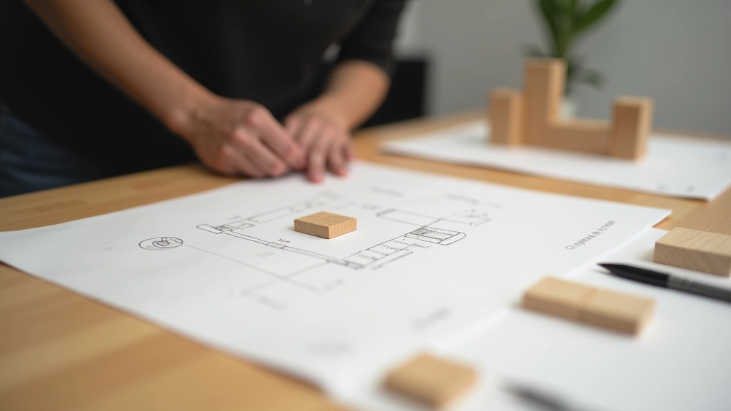 Low-fidelity prototype op tafel, papieren schets, houten blokken, gebruiker test het