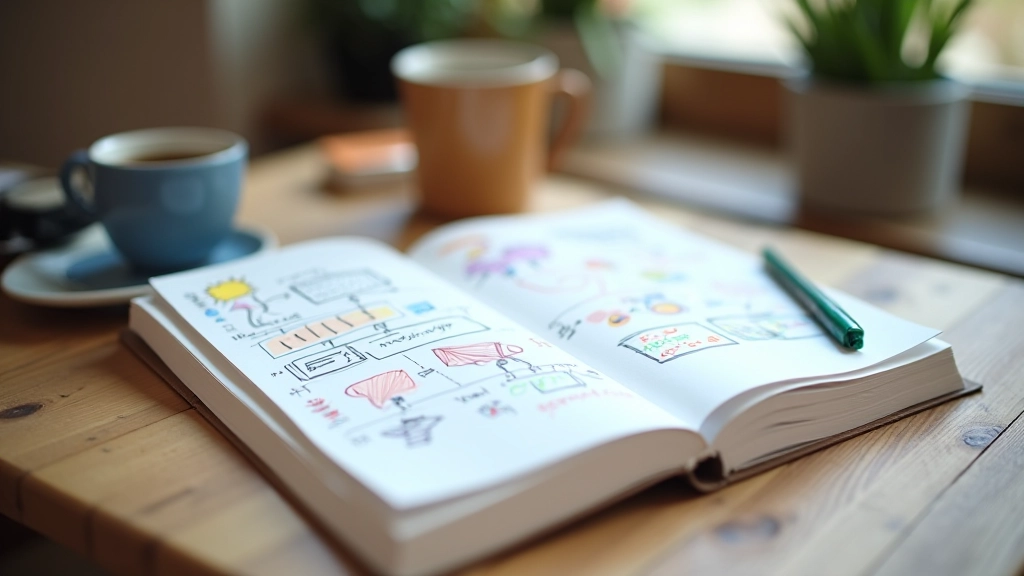 Notitieblok met verschillende brainstormtechnieken gevisualiseerd, gekleurde markeerstiften op bureau