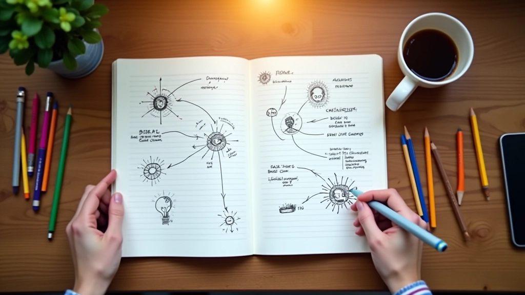 Notitieblok met brainstormtechnieken geschreven, omringd door kleurrijke pennen en koffiekopje op bureau