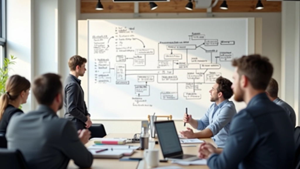 Probleemoplossing framework visueel weergegeven, persoon schrijft stappen op canvas met team input