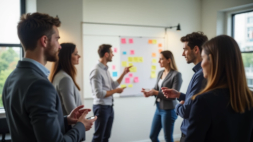 Groep professionals rond whiteboard vol met sticky notes en ideeën tijdens brainstormsessie