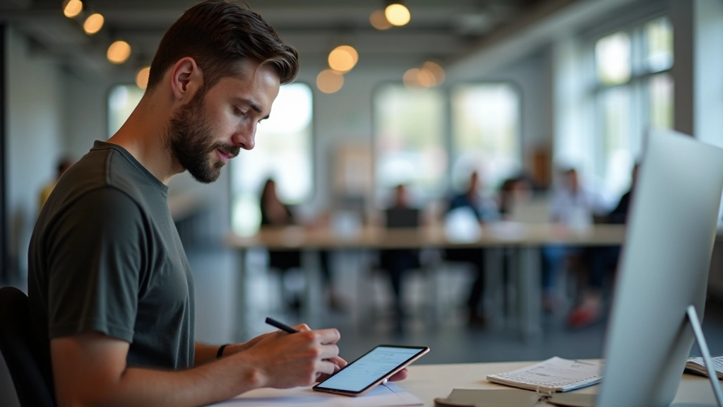 Gebruiker test prototype, geeft feedback, notities op tablet, onderzoeker luistert