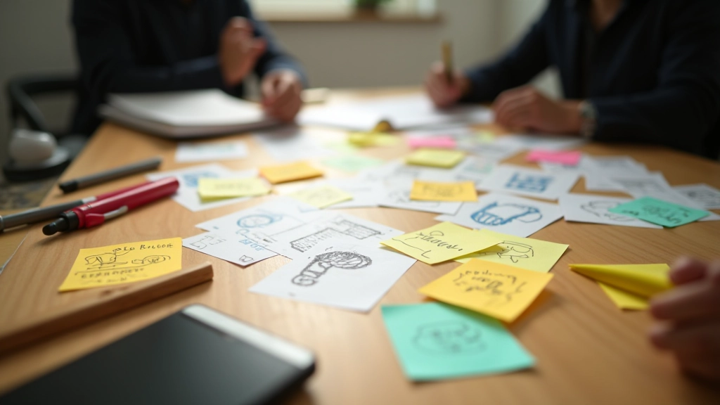 Brainstorm sessie, sticky notes op grote tafel, veel ideeën in zichtlijnen